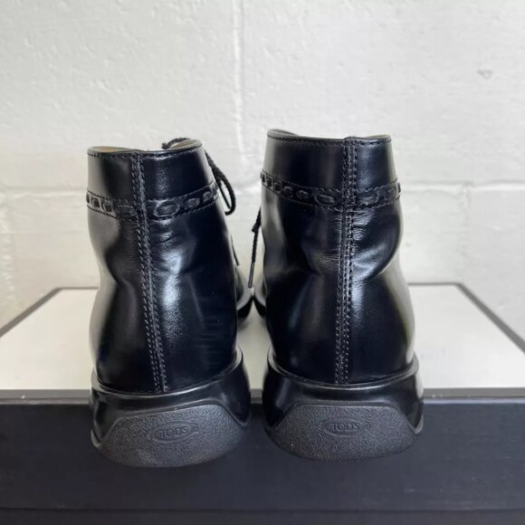 TOD's Women's Cap Toe Black Leather Ankle Boots Thread Accent Lace up Size 8 US - Picture 6 of 11